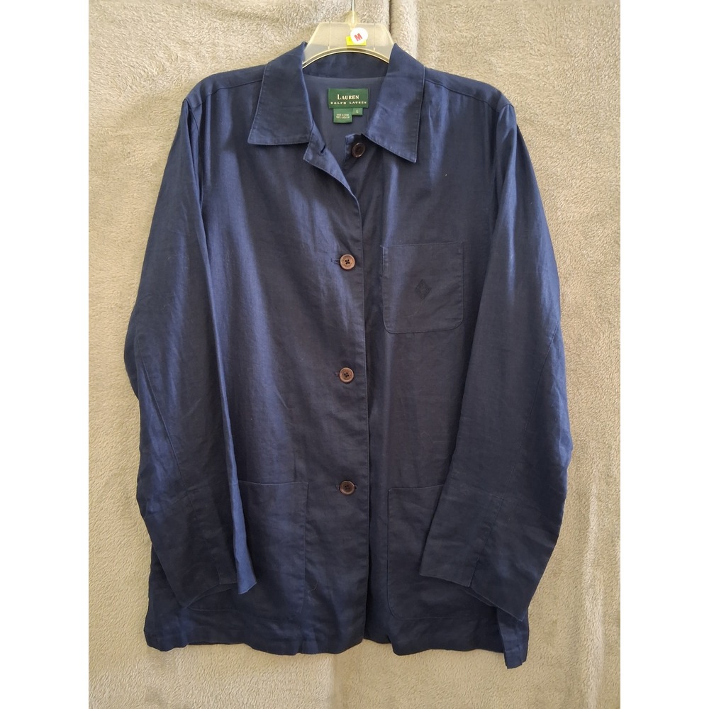 Lauren Ralph Lauren Chore Jacket Shacket Lg Navy Linen Coastal Utility Old Money